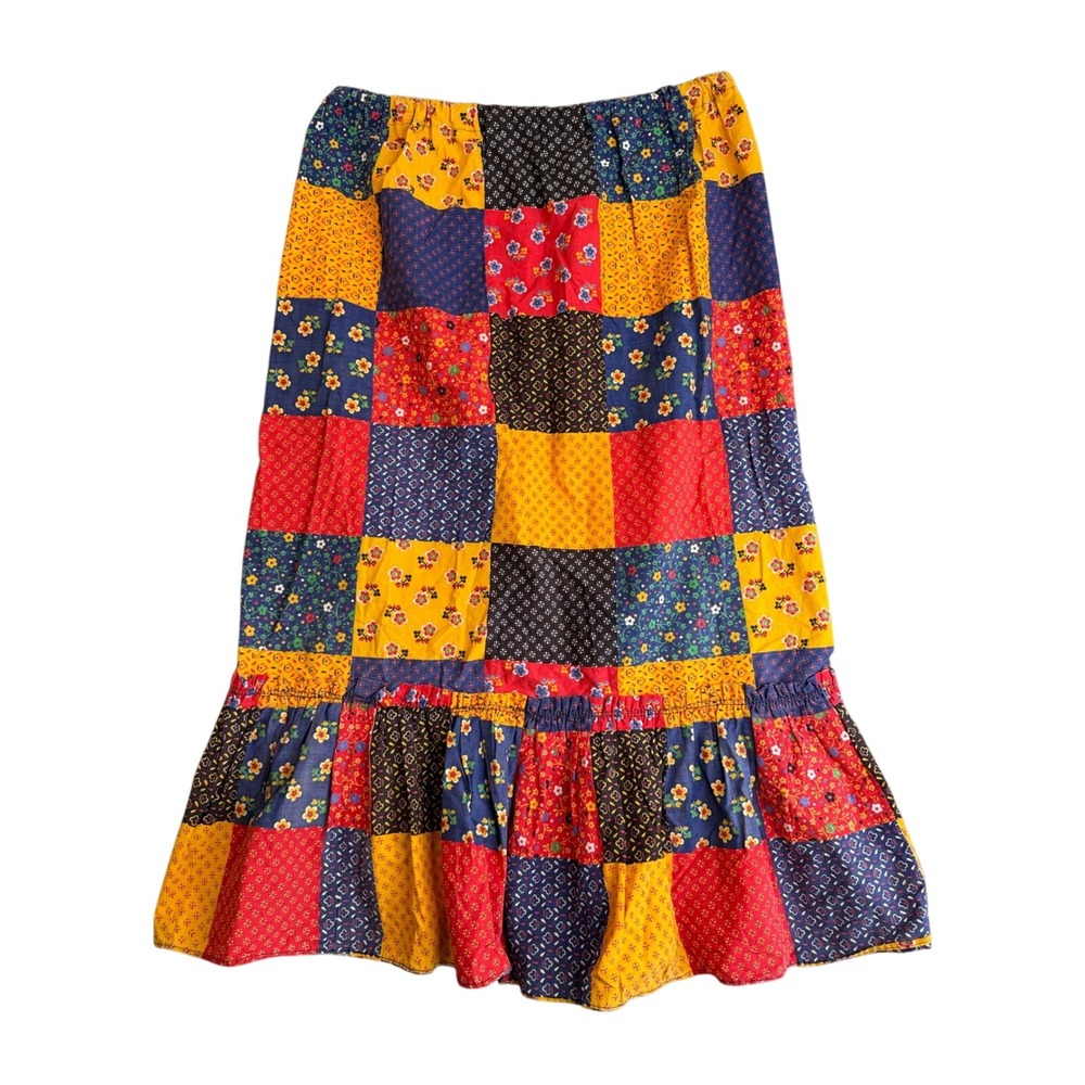 Vintage 70s Handmade Patchwork Skirt L Boho Ruffle Hippie Cottage Folk Prairie
